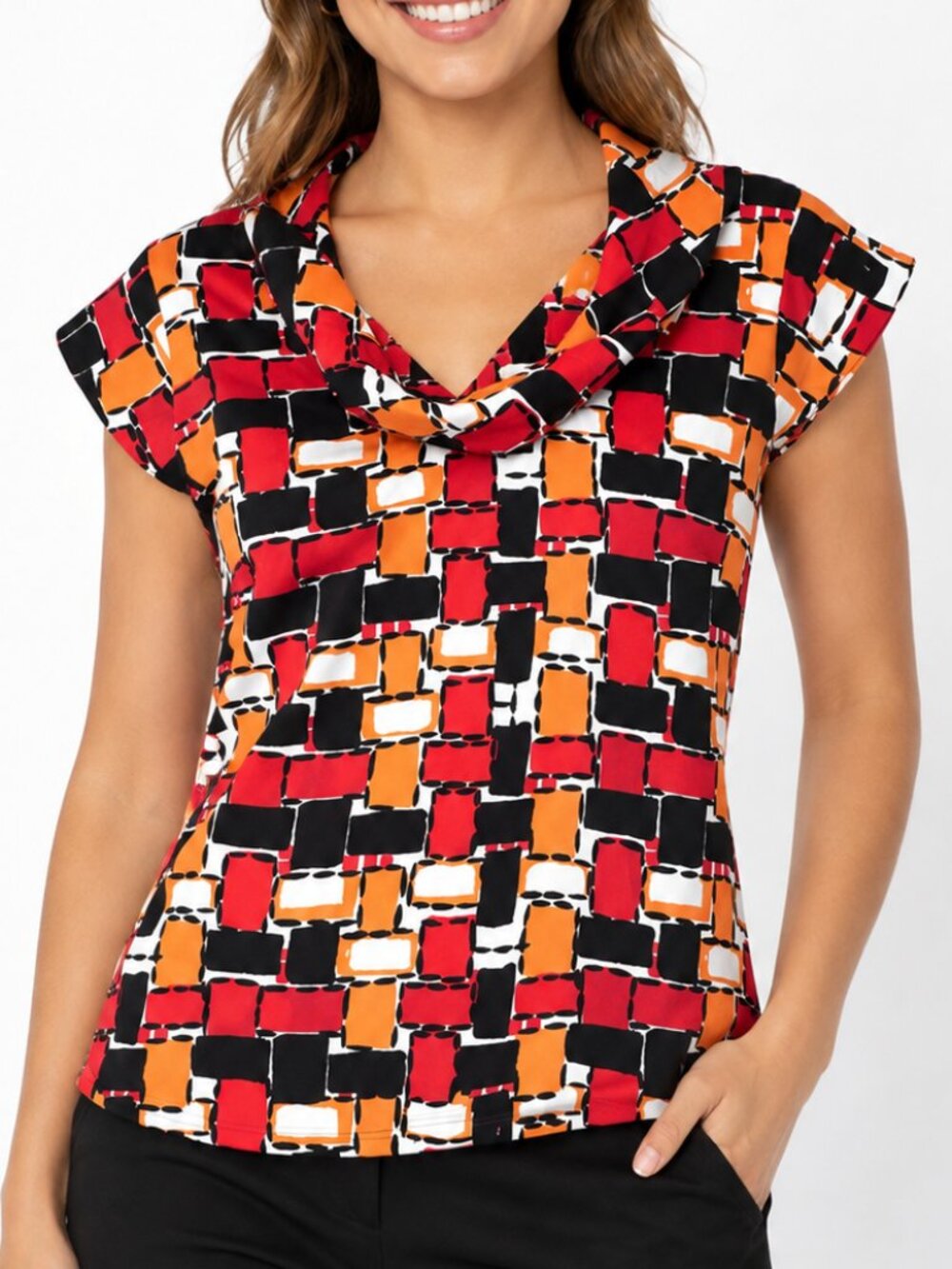 Banana Republic Black, Red Black Orange Geometric Block Cowl-Neck Cap Sleeve Top